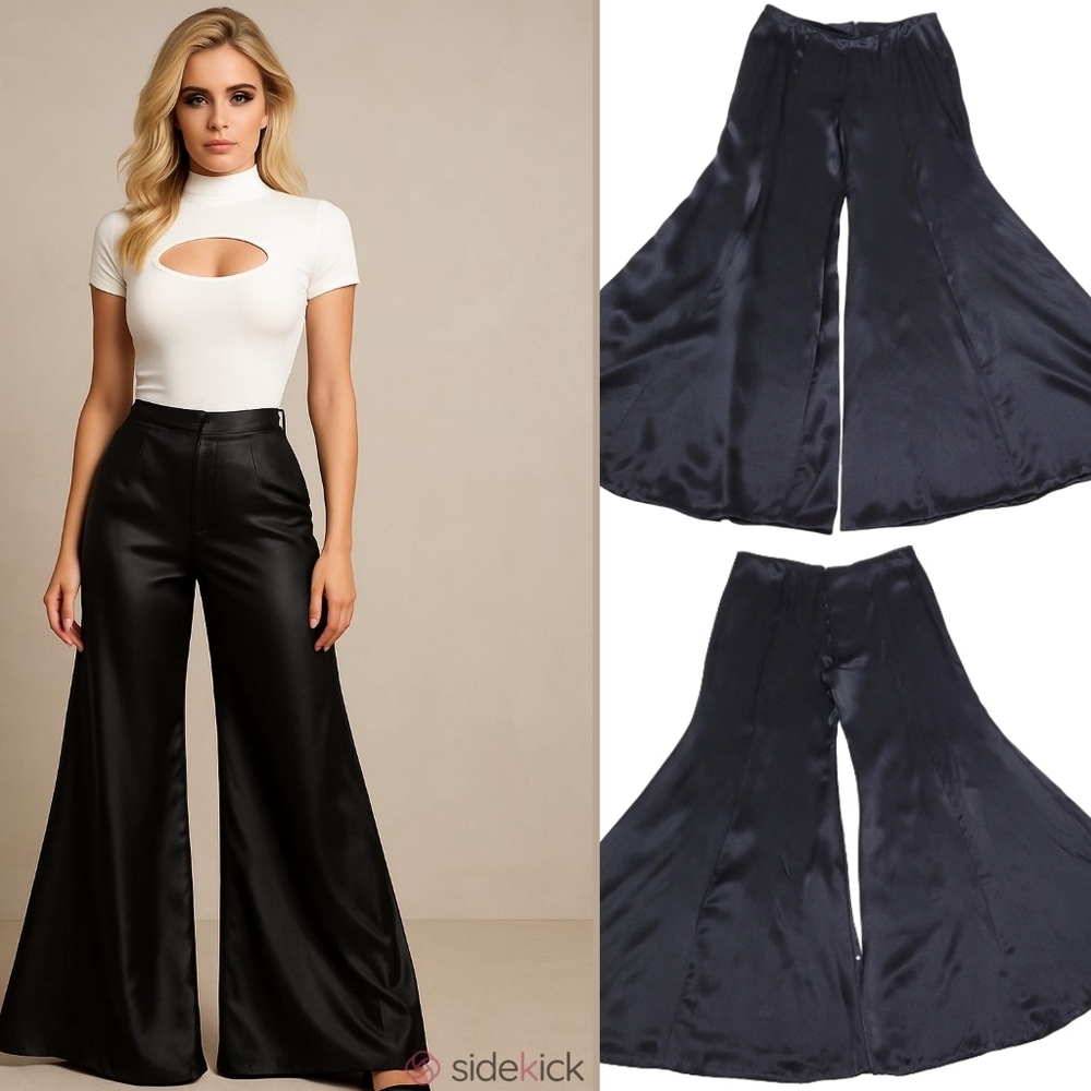 1970s Vintage Black Satin Handmade High Waisted Extreme Bell Bottom Trousers XL